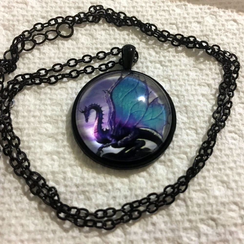 Purple, blue and black dragon pendant necklace